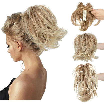 Picture of CJL HAIR Claw Clip Short Ponytail Hair Extensions DIY Bendable Metals Messy Bun Hair Piece for Wonen Straight Synthetic Fake Hairpieces Gloden Blonde and Beach Blonde Tips