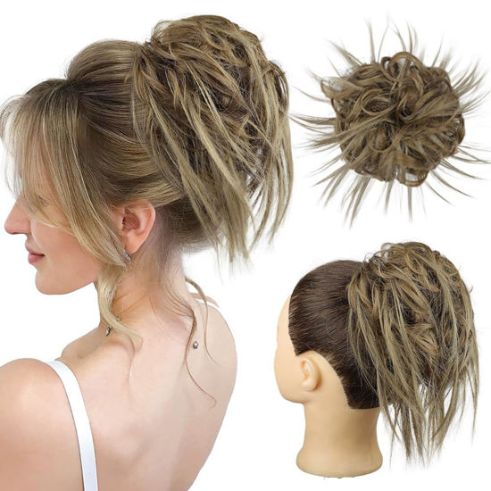 Picture of HMD Tousled Updo Messy Bun Hairpiece Hair Extension Ponytail with Elastic Rubber Band Updo Ponytail Hairpiece Synthetic Hair Extensions Scrunchies Ponytail Hairpieces for Women