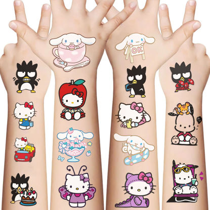 Picture of 10 Sheets Sanrio Temporary Tattoos for Kids, Hellokitty Birthday Party Favors, Kuromi Melody Cinnamoroll Cartoon Sticker Gifts for Girl Boys Home Activity Class Prizes Carnival Christmas Rewards