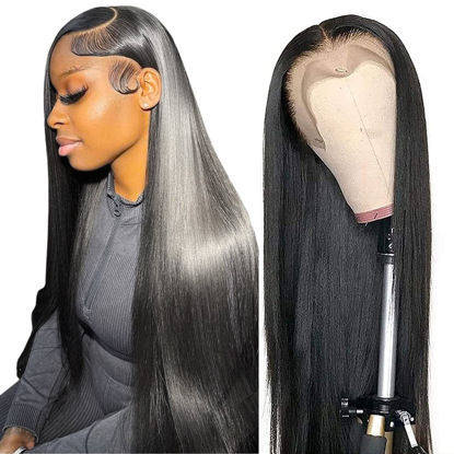 Picture of Dasollak 13x6 Straight Lace Front Wigs Human Hair HD Transparent Lace Front Human Hair Wigs for Black Woman Brazilian Lace Frontal Wigs Human Hair Glueless Wigs Human Hair Pre Plucked Natural Color