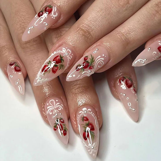 Picture of 24 Pcs Almond Press on Nails French Tip RIICFDD Medium Fake Nails Nude Pink Full Cover False Nails with Charm Pearl Cute Strawberry Pattern Designs Stick on Nails for Women Girls Cute Nails
