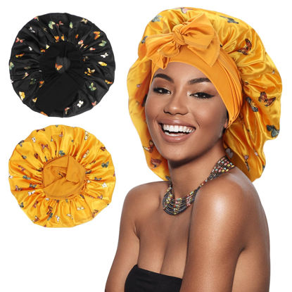 Picture of Arqumi Pack of 2 Satin Sleeping Bonnet, Large Satin Sleep Bonnet, Long Strap, Adjustable Sleep Cap Hair Bonnet, Butterfly Pattern Black+Yellow