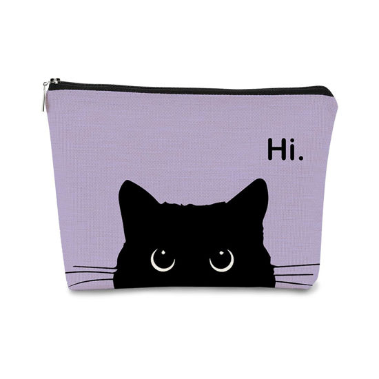 Picture of BARPERY Cat Makeup Bag, Cute Makeup Bag, Cat Gifts for Cat Lovers Women, Black Cat Gifts, Hi Black Cat Kitty Cosmetic Bag, Cat Makeup Pouch, Cat Stuff for Cat Lovers (Retro Stripes)