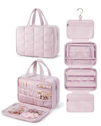 Picture of BAGSMART Travel Toiletry Bag with Jewelry Organizer, Hanging Travel Bag for Toiletries, Puffy Makeup Cosmetic Bag Organizer, Carry-on Travel Accessories Essentials, Pink-M