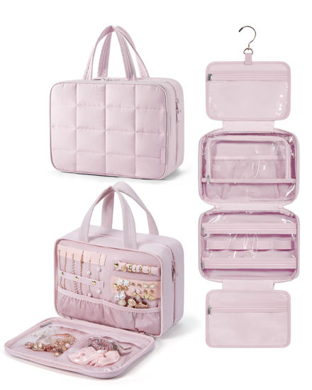 Picture of BAGSMART Travel Toiletry Bag with Jewelry Organizer, Hanging Travel Bag for Toiletries, Puffy Makeup Cosmetic Bag Organizer, Carry-on Travel Accessories Essentials, Pink-M