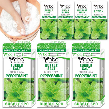 Picture of nbc BeautiLab Pedicure Kit Foot Soak Set: Bubble Salt, Sugar Scrub, Massage Mask, Massage Lotion in a Box, 4 Step Foot Spa Kit for Dry Feet, Calluses and Tired Feet（3 Set Peppermint）