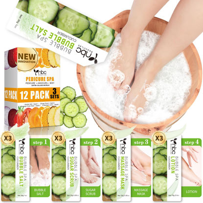 Picture of nbc BeautiLab Pedicure Kit Foot Soak Set: Bubble Salt, Sugar Scrub, Massage Mask, Massage Lotion in a Box, 4 Step Foot Spa Kit for Dry Feet, Softens Calluses(3 Set Cucumber)