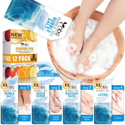 Picture of nbc BeautiLab Pedicure Kit Foot Soak Set: Bubble Salt, Sugar Scrub, Massage Mask, Massage Lotion in a Box, 4 Step Foot Spa Kit for Dry Feet, Calluses and Tired Feet(3 Set Pacific Waves)