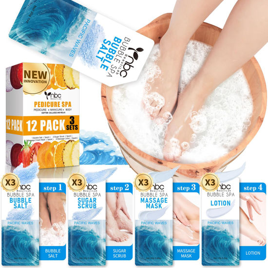 Picture of nbc BeautiLab Pedicure Kit Foot Soak Set: Bubble Salt, Sugar Scrub, Massage Mask, Massage Lotion in a Box, 4 Step Foot Spa Kit for Dry Feet, Calluses and Tired Feet(3 Set Pacific Waves)