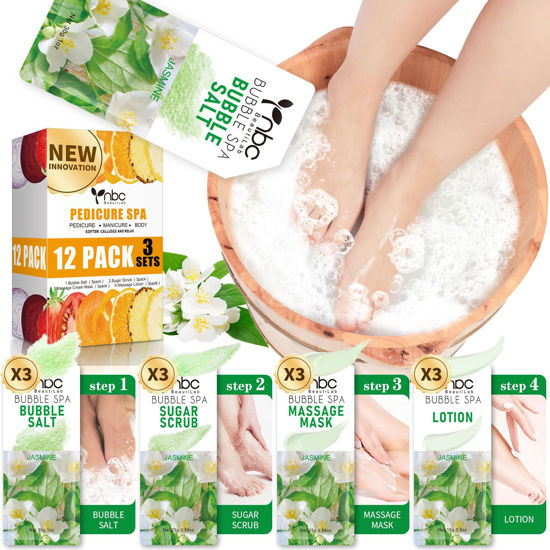 Picture of nbc BeautiLab Pedicure Kit Foot Soak Set: Bubble Salt, Sugar Scrub, Massage Mask, Massage Lotion in a Box, 4 Step Foot Spa Kit for Dry Feet, Calluses and Tired Feet(3 Set Jasmine)