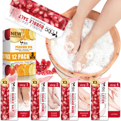Picture of nbc BeautiLab Pedicure Kit Foot Soak Set: Bubble Salt, Sugar Scrub, Massage Mask, Massage Lotion in a Box, 4 Step Foot Spa Kit for Dry Feet,Tired Feet（3 Set Pomegranate)