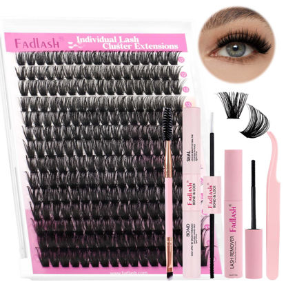 Picture of FADLASH DIY Lash Extension Kit Individual Lashes Cluster D Curl Eyelash Extension Kit D Curl Lash Clusters Lash Applicator Tool for Self Application at Home(KIT 80D-D-12-18mm)