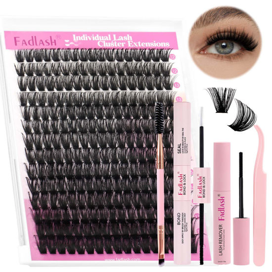 Picture of FADLASH DIY Lash Extension Kit Individual Lashes Cluster D Curl Eyelash Extension Kit D Curl Lash Clusters Lash Applicator Tool for Self Application at Home(KIT 80D-D-12-18mm)