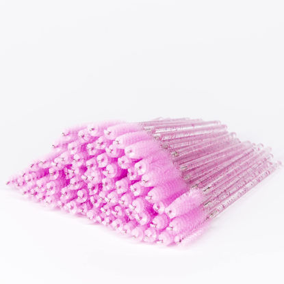 Picture of i-Laesh 100 Pcs Disposable Eyelash Brushes, Mascara Wands, Spoolies for Eyelash Extensions, Spoolie Eyebrow Brow Makeup Supplies Kit Glitter Applicator Tool Accessories Bristle (Crystal Pink)