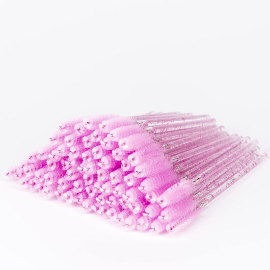 Picture of i-Laesh 100 Pcs Disposable Eyelash Brushes, Mascara Wands, Spoolies for Eyelash Extensions, Spoolie Eyebrow Brow Makeup Supplies Kit Glitter Applicator Tool Accessories Bristle (Crystal Pink)