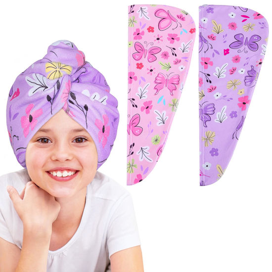 Picture of Basumee Microfiber Hair Towel Wrap for Kids 2 Pack Rapid Drying Hair Towel with Button Hair Turbans for Wet Hair Wraps Head Towel Wrap for Women and Girls, Pink Purple Butterfly