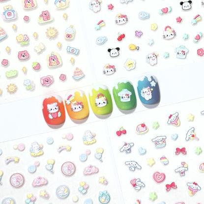 Picture of 4 Sheets of 3D Nail Stickers - 274 Cute Nail Stickers - Embossed Nail Stickers for Kids | Kawaii Nail Stickers - Stars, Hearts, Bunny, Pink Bear, Puppy, Cats | Glow in The Dark Kids Nail Stickers