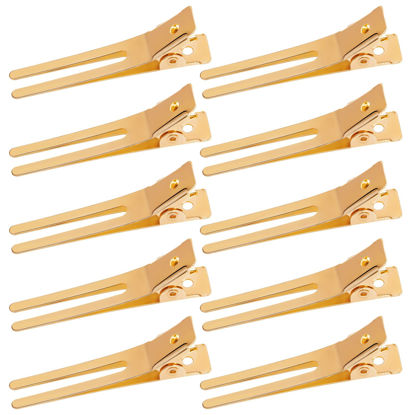 Picture of Wobe 1.8" Hairdressing Double Prong Curl Clips, 50pcs Metal Alligator Clips Hairpins for Hair Bow Great Pin Curl Clip, Styling Clips for Hair Salon, Barber (Gold)