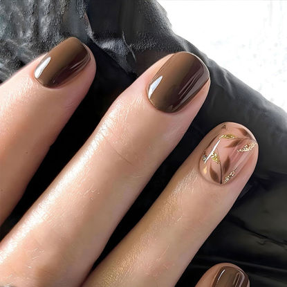 Picture of Brown Press on Nails Short Square Fake Nails with Gold Leaves Designs Brown Full Cover Glue on Nails Fall False Nails Press ons Glossy Acrylic Stick on Nails for Women 24 Pcs