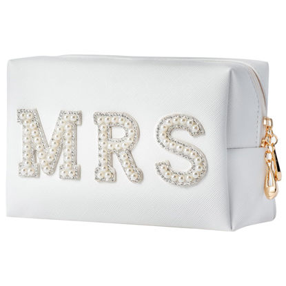Picture of Bride Makeup Bag, Bride Patch MRS Cosmetic Bag, Pearl Rhinestone Letter Toiletry Bag, Wedding Bag, Portable PU Leather Waterproof Zipper Pouch, Bride Gift, Bridal Shower Gift, Engagement Gift