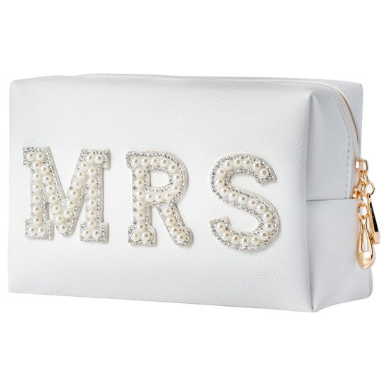 Picture of Bride Makeup Bag, Bride Patch MRS Cosmetic Bag, Pearl Rhinestone Letter Toiletry Bag, Wedding Bag, Portable PU Leather Waterproof Zipper Pouch, Bride Gift, Bridal Shower Gift, Engagement Gift