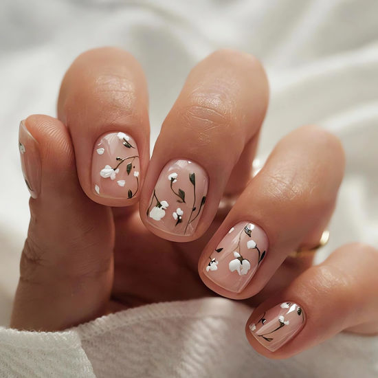 Picture of 24 Pcs Small Flower Press on Nails Short Square Fake Nails White Flowers Glue on Nude False Nails Cute Spring Nail Art Decorations Short Square Stick on Nails for Women and Girls