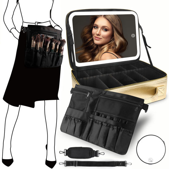 Picture of MOMIRA Large Makeup Train Case with Lighted and Mirror 14inch Partitionable Cosmetic Bag Travel Makeup Case Professional Cosmetic Artist Organizer, Waterproof Portable, with Shoulder Stra Golden