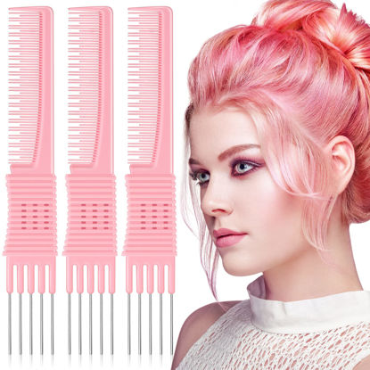 Picture of Leinuosen 3 Pack Carbon Lift Teasing Combs with Metal Prong, Salon Teasing Back Combs (Pink)