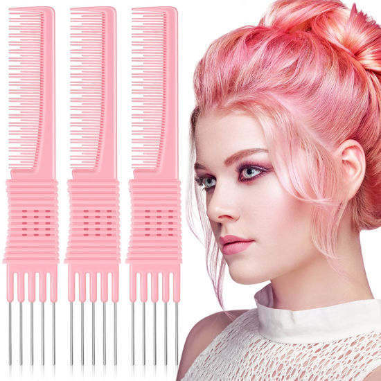 Picture of Leinuosen 3 Pack Carbon Lift Teasing Combs with Metal Prong, Salon Teasing Back Combs (Pink)