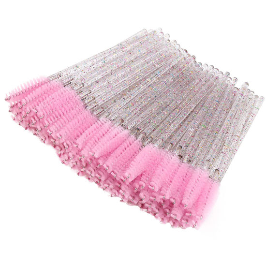 Picture of BTYMS 100 Pieces Crystal Eyelash Mascara Brushes Spoolie Brush Lash Wands Applicator Disposable Eyebrow - Light Pink