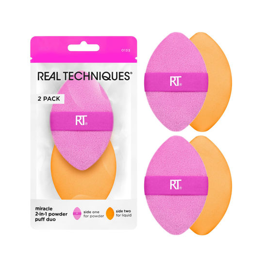 Picture of Real Techniques Miracle 2-In-1 Powder Puff 2 Pack, Dual-Sided, Full Size Makeup Blending Puff, Reversible Elastic Band, Makeup Sponge & Powder Puff, For Liquid, Cream & Powder Products, Crulety-Free
