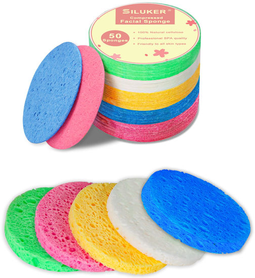 Picture of 50-Count Compressed Facial Sponges for Daily Facial Cleansing and Exfoliating, 100% Natural Cosmetic Spa Sponges for Makeup Remover, Multicolors