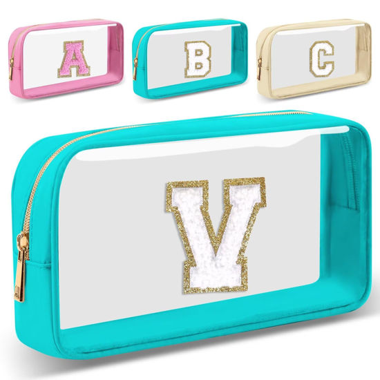 Picture of Small Clear Personalized Initial Letter Makeup Bag, A-Z Chenille Patch Preppy Nylon Cosmetic Bag with Zipper, TSA Approved Transparent Waterproof Travel Toiletry Bag Travel Essentials for Women Girl