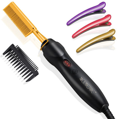 Picture of NICEMOVIC Ceramic Heating Hair Straightener Comb - Hot Pressing Brush for Natural Black Hair, Beard Wigs, and Curling (Gold)