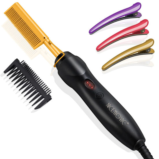Picture of NICEMOVIC Ceramic Heating Hair Straightener Comb - Hot Pressing Brush for Natural Black Hair, Beard Wigs, and Curling (Gold)