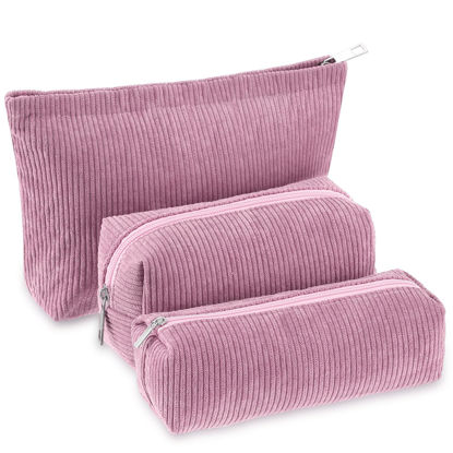 Picture of Huhumy 3 Pcs Makeup Bag Set Corduroy Cosmetic Pouch for Women Aesthetic Smile Travel Toiletry Bag Cute Purse Pouch Pencil Case Makeup Brushes Storage Organizer with Zipper(Rose Pink,Solid Style)