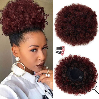 Picture of rosmile Afro Puff Drawstring Ponytail Extension for Black Women, Premium Ombre Red #1T99J 80 Gram Short Synthetic Afro Puff Ponytail for Natural Hair, Clip On Kinky Drawstring Curly Ponytail Bun