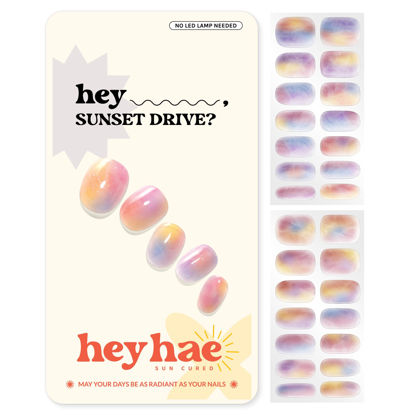 Picture of Heyhae Semi Cured Gel Nail Strips | Sun Cured Gel Nail Wraps No LED Lamp Needed Easy Apply & Remove | Includes 28 Strips, 1 Prep Pad, 1 Nail File & 1 Wooden Stick - Hey, Sunset Drive?