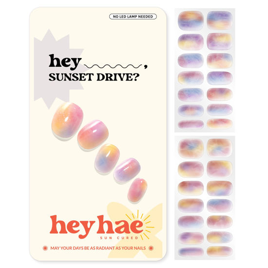 Picture of Heyhae Semi Cured Gel Nail Strips | Sun Cured Gel Nail Wraps No LED Lamp Needed Easy Apply & Remove | Includes 28 Strips, 1 Prep Pad, 1 Nail File & 1 Wooden Stick - Hey, Sunset Drive?