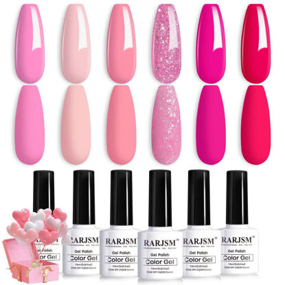 Picture of RARJSM Pink Gel Nail Polish Set 6 Pcs Pale Pink Light Pink Neon Hot Pink Rose Pink Glitter Fuchsia Sweet Cherry Colors Gel Polish Soak off 7.5ml UV LED Cured for Summer Home Salon Spring Nails