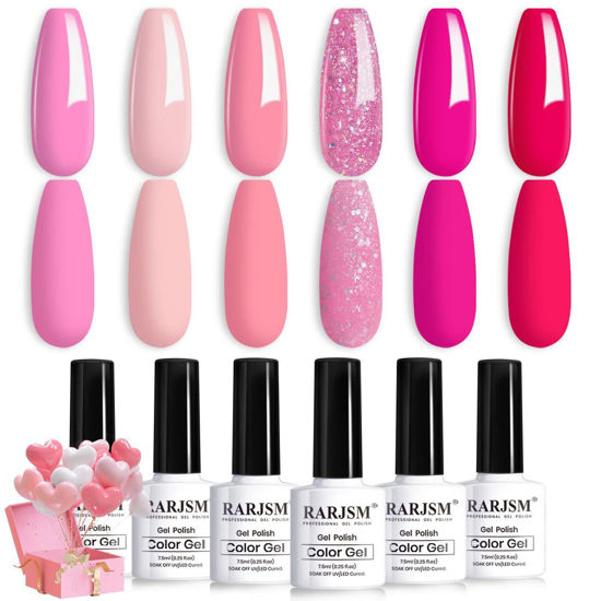 Picture of RARJSM Pink Gel Nail Polish Set 6 Pcs Pale Pink Light Pink Neon Hot Pink Rose Pink Glitter Fuchsia Sweet Cherry Colors Gel Polish Soak off 7.5ml UV LED Cured for Summer Home Salon Spring Nails