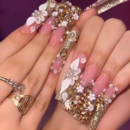 Picture of RUOKEXIN Long Press on Nails Pink Coffin Fake Nails Gold Glitter French Tip False Nails with 5D White Flower Designs Gold Rhinestones Artificial Nails Glossy Glue on Nails Stick on Nails for Women