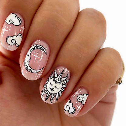 Picture of YOSOMK 24Pcs Press on Nails Short Square Fake Nails Full Cover Stick on Nails Short French False Nails with Glue Acrylic Nails for Women（Sun & Moon)