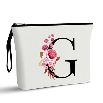 Picture of Vavabox A-Z Personalized Makeup Bag,Birthday Gifts for Women Mom,Gifts for Best Friend,Bride Bridesmaid Cosmetic bag (G, White)