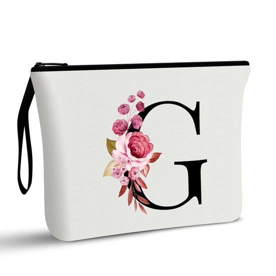 Picture of Vavabox A-Z Personalized Makeup Bag,Birthday Gifts for Women Mom,Gifts for Best Friend,Bride Bridesmaid Cosmetic bag (G, White)