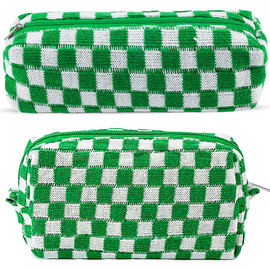 Picture of 2Pcs Checkered Makeup Bag for Women Girls Pencil Pouch Travel Small Cosmetic Bag Set Cute Makeup Pouch Purse Pencil Case Pencil Bag Zippered Toiletry Bag Organizer Preppy Trendy Storage Bag(Green)
