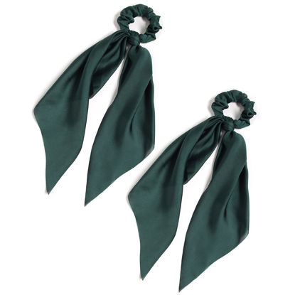 Picture of Pack of 2 Knotted Bow Hair Scrunchies Elastic Hair Scarf Black Hair Ties Bands Satin Hair Ribbon Scrunchy Red Ponytail Holder for Women and Girls (Dark green)