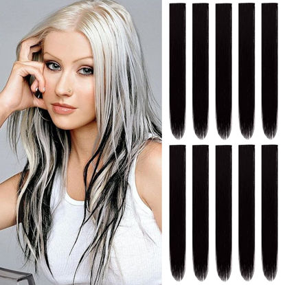 Picture of TOFAFA 22 inch Colored Hair Extensions, Multi-colors Party Highlights Clip in Synthetic Hair Extensions, Color Party Highlights Hairpieces for Girls Women(10 PCS Black)