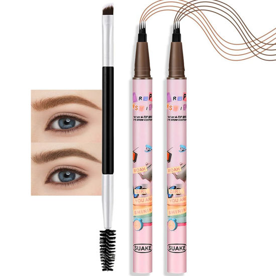 Picture of Kaely 2Pcs Medium Dark Brown Microblading Eyebrow Pen Waterproof,Magic Eyebrow Pencil with Brow Brush,4 Tip Precise Eye Brow Pencils for Women Makeup,lapiz de cejas a prueba de agua,Fiber Head 01+02