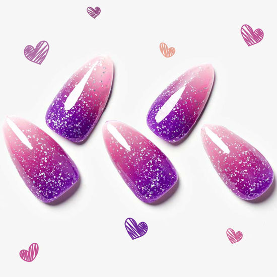Picture of GLAMERMAID Hamdmade Thermo Press on Nails Gel Medium Almond, Glitter Purple Pink Ombre Fake Nails Short Stiletto, Shrimmer Galaxy Stick Glue on Nails Oval, Reusable Acrylic Glossy False Nail for Women
